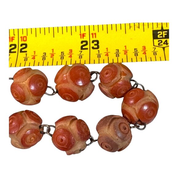 Vtg Hand-Carved Rosette Rose Coral Beaded Necklace Sterling Clasp Double Strand - Picture 5 of 7